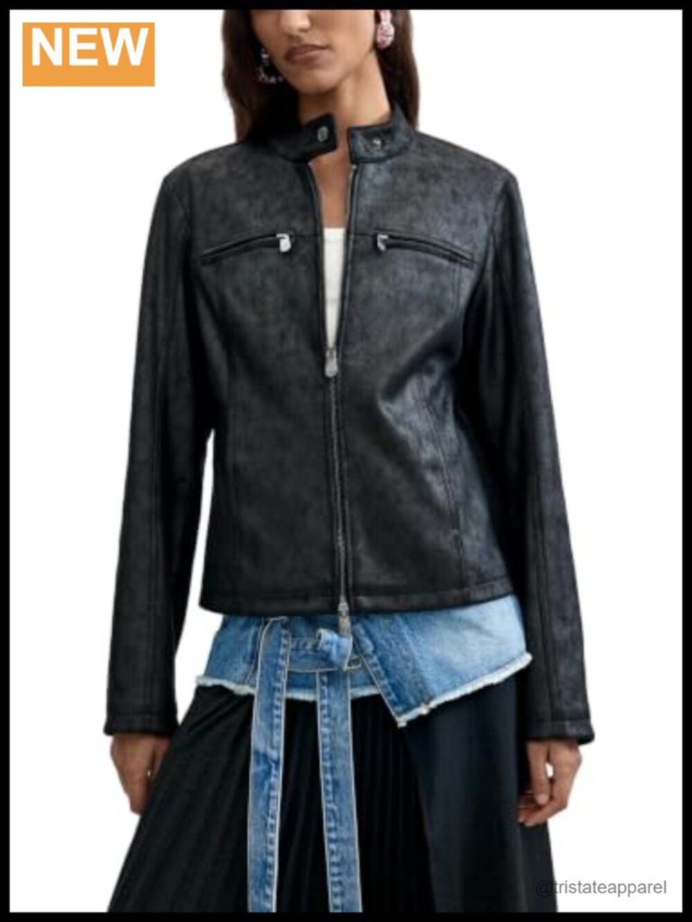 Women's Faux Leather Biker Jacket Mandarin Collar Front Zip